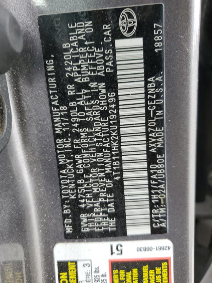 2019 Toyota Camry VIN: 4T1B11HK2KU192496 Lot: 81767145