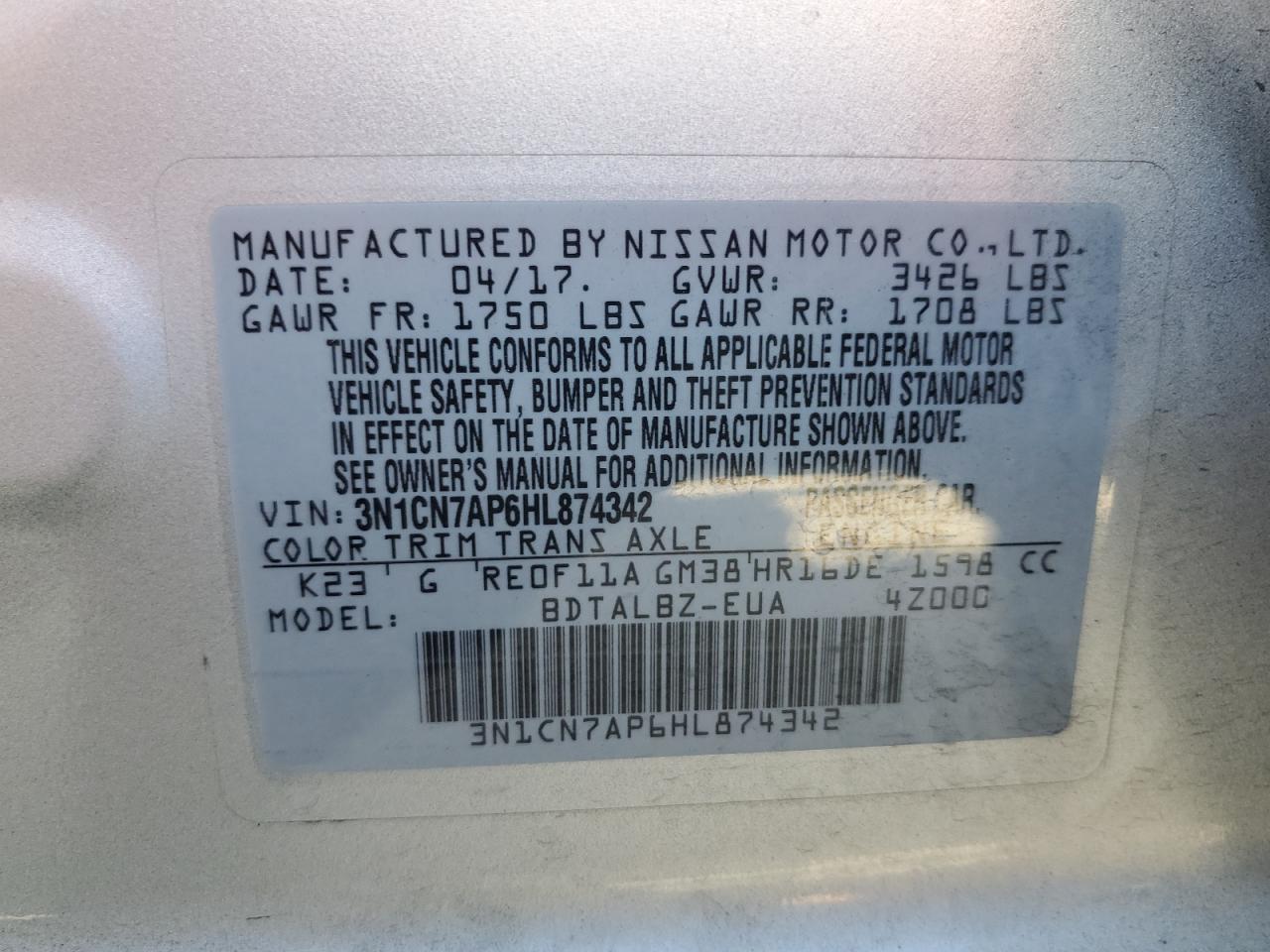 2017 Nissan Versa S VIN: 3N1CN7AP6HL874342 Lot: 81301985