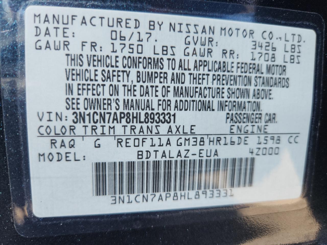 2017 Nissan Versa S VIN: 3N1CN7AP8HL893331 Lot: 84400165
