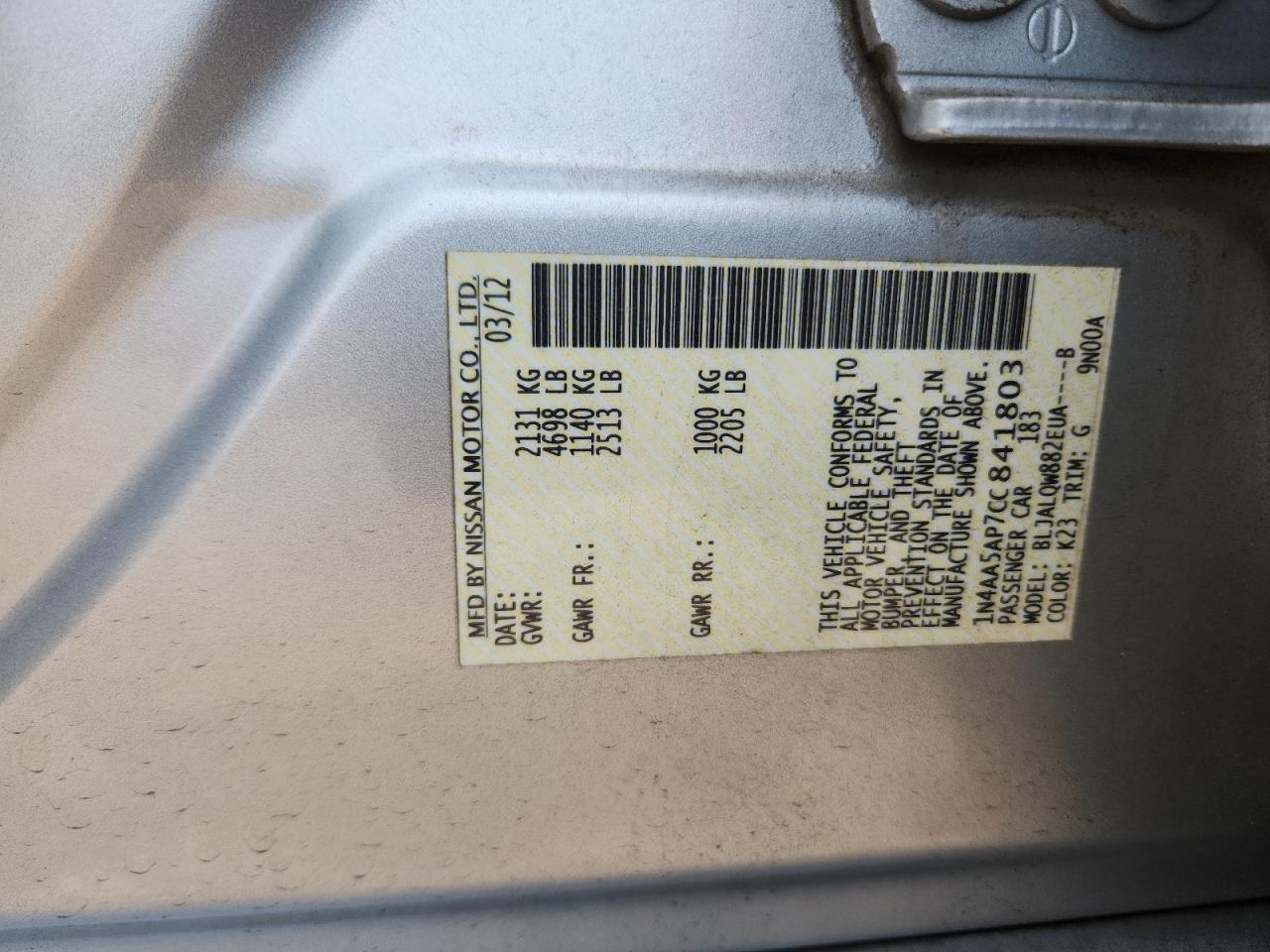 2012 Nissan Maxima S VIN: 1N4AA5AP7CC841803 Lot: 71579895