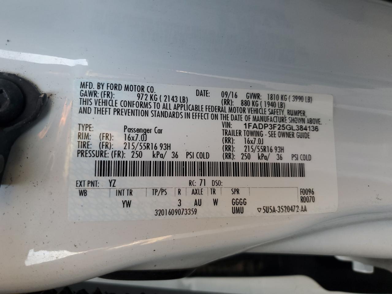 2016 Ford Focus Se VIN: 1FADP3F25GL384136 Lot: 70959265