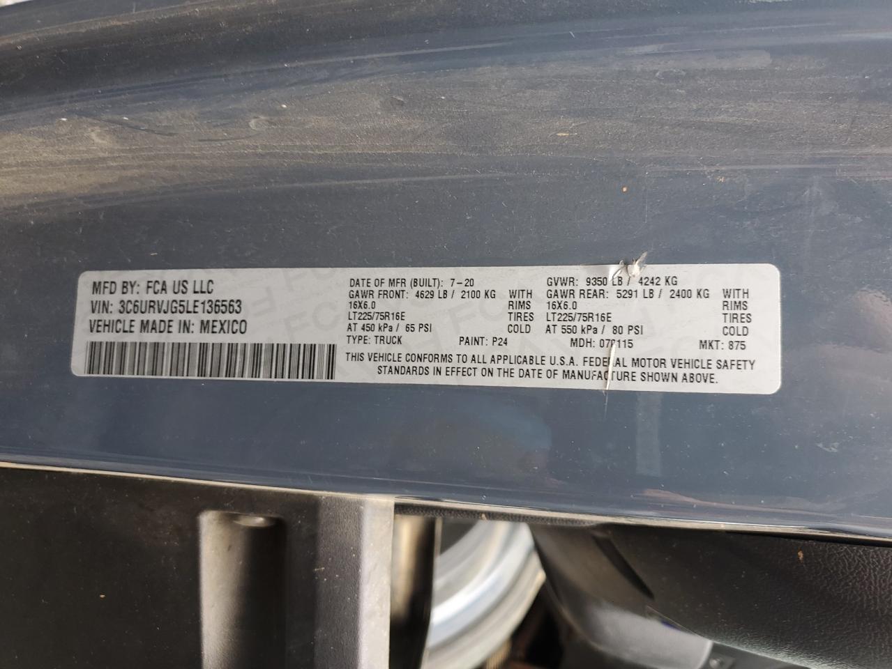 2020 Ram Promaster 3500 3500 High VIN: 3C6URVJG5LE136563 Lot: 84604375