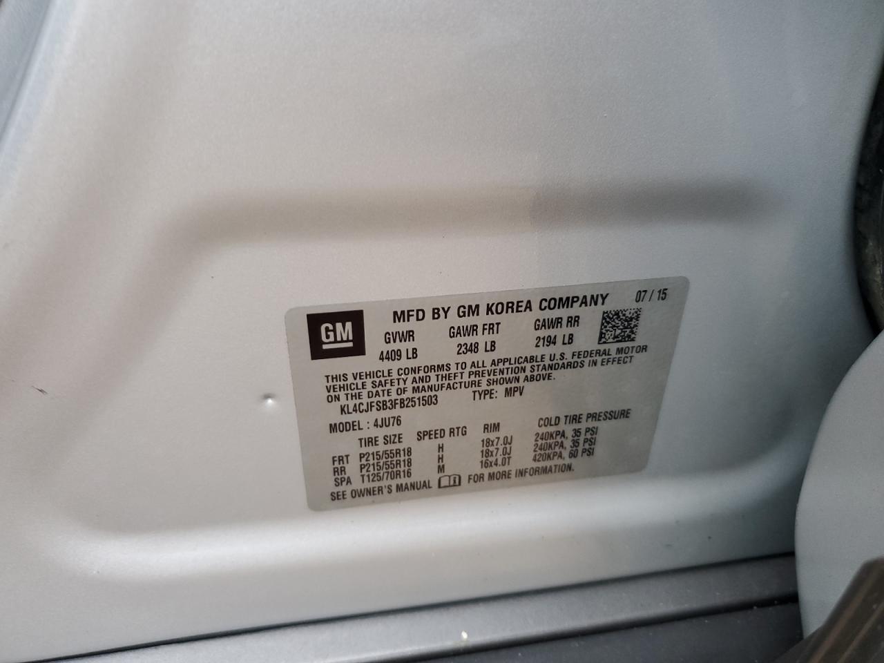 2015 Buick Encore Convenience VIN: KL4CJFSB3FB251503 Lot: 82066295