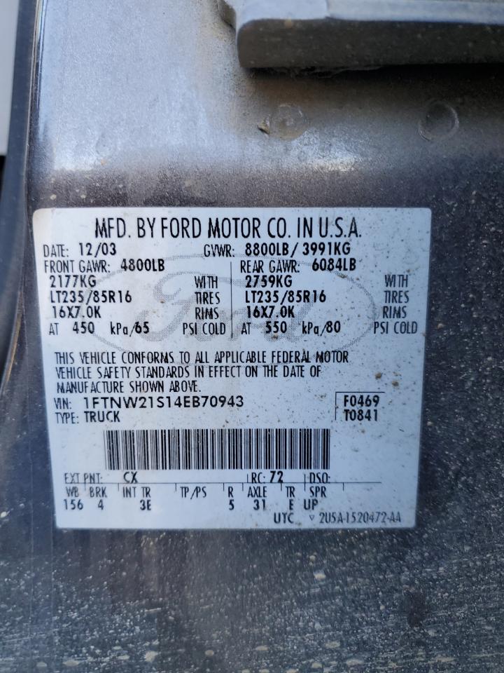 2004 Ford F250 Super Duty VIN: 1FTNW21S14EB70943 Lot: 82130665