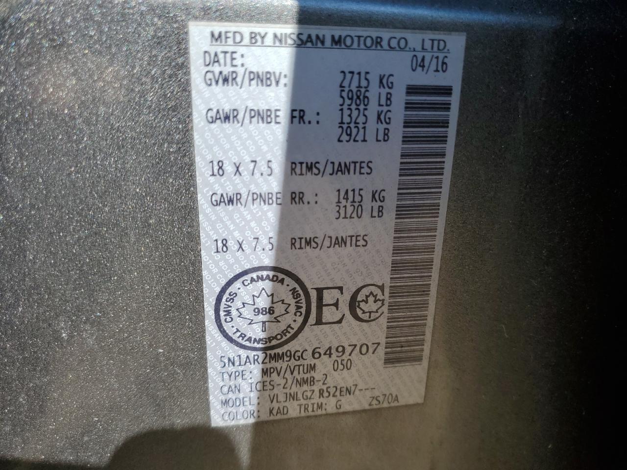 2016 Nissan Pathfinder S VIN: 5N1AR2MM9GC649707 Lot: 84535705