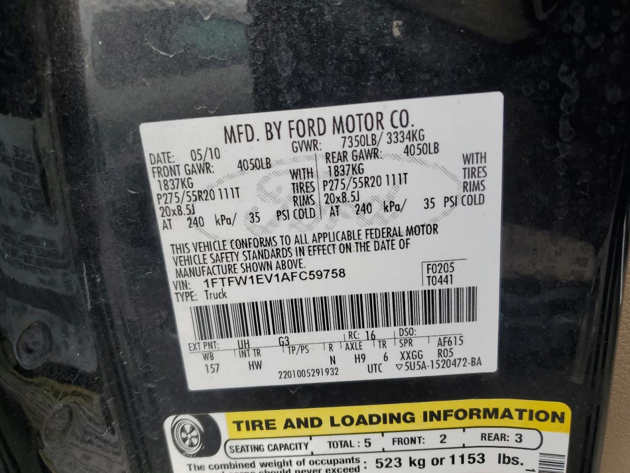2010 Ford F150 Supercrew VIN: 1FTFW1EV1AFC59758 Lot: 80906905