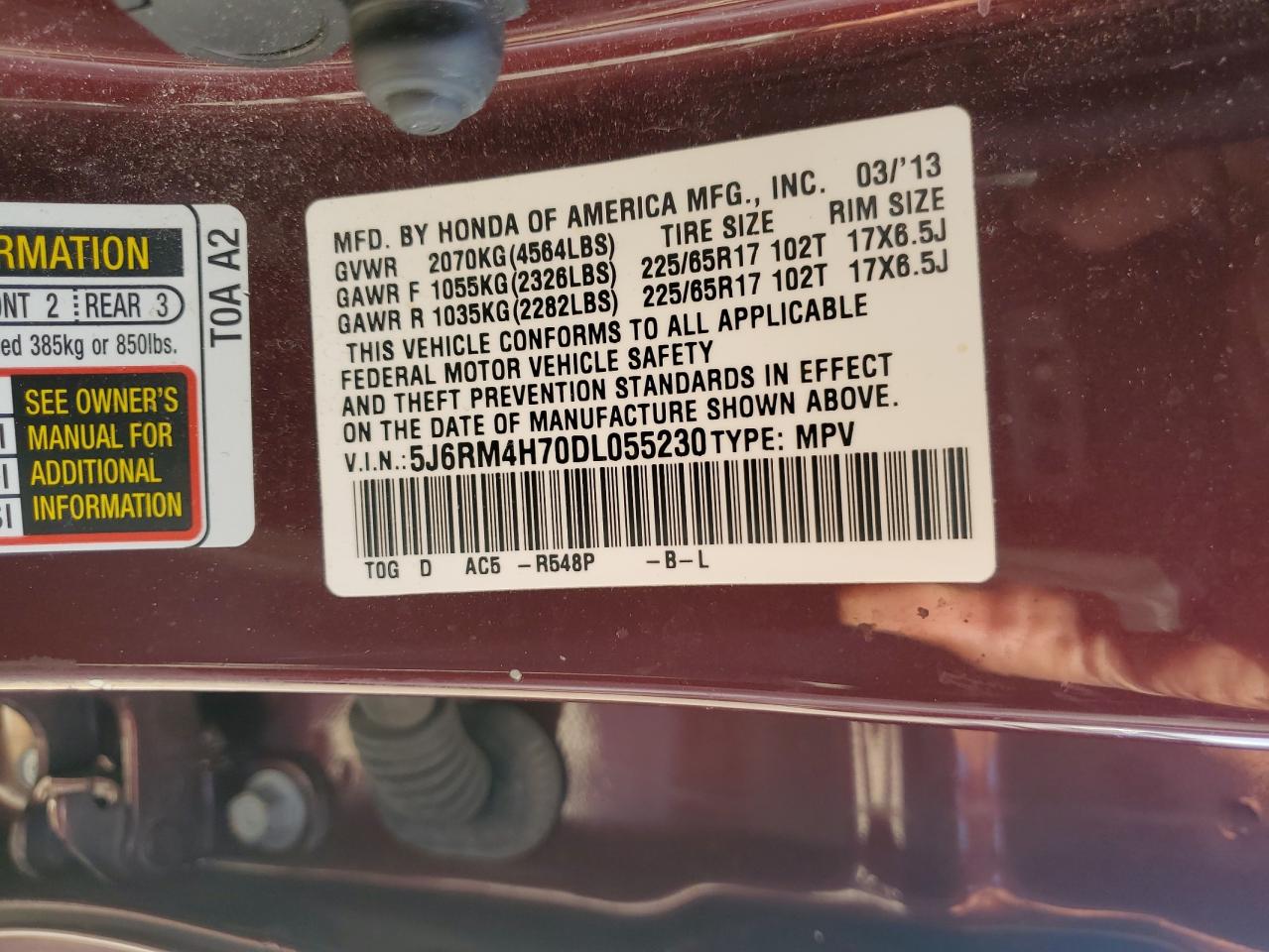 2013 Honda Cr-V Exl VIN: 5J6RM4H70DL055230 Lot: 71650925