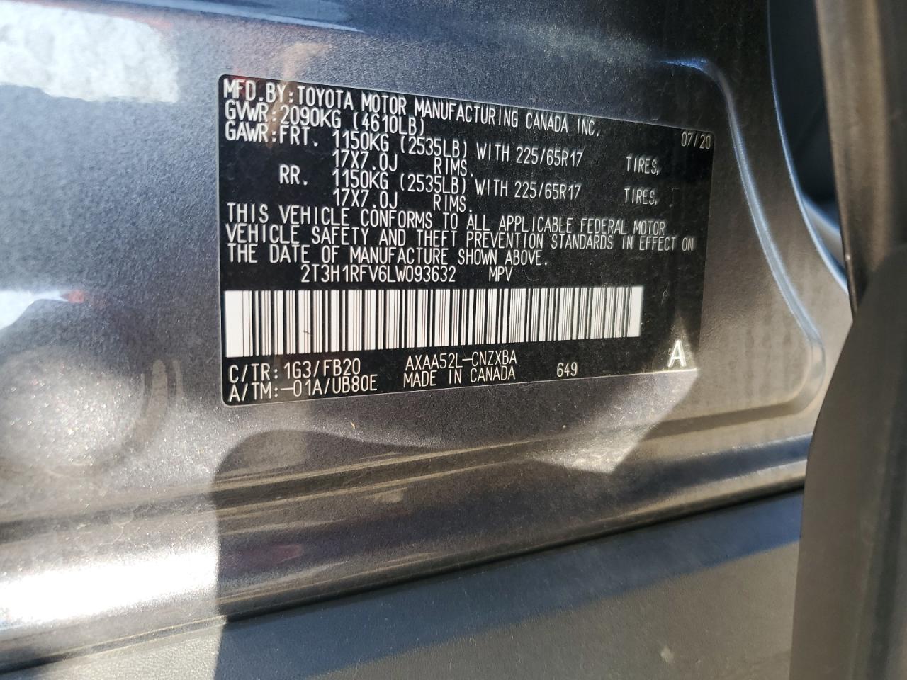 2020 Toyota Rav4 Le VIN: 2T3H1RFV6LW093632 Lot: 80382305