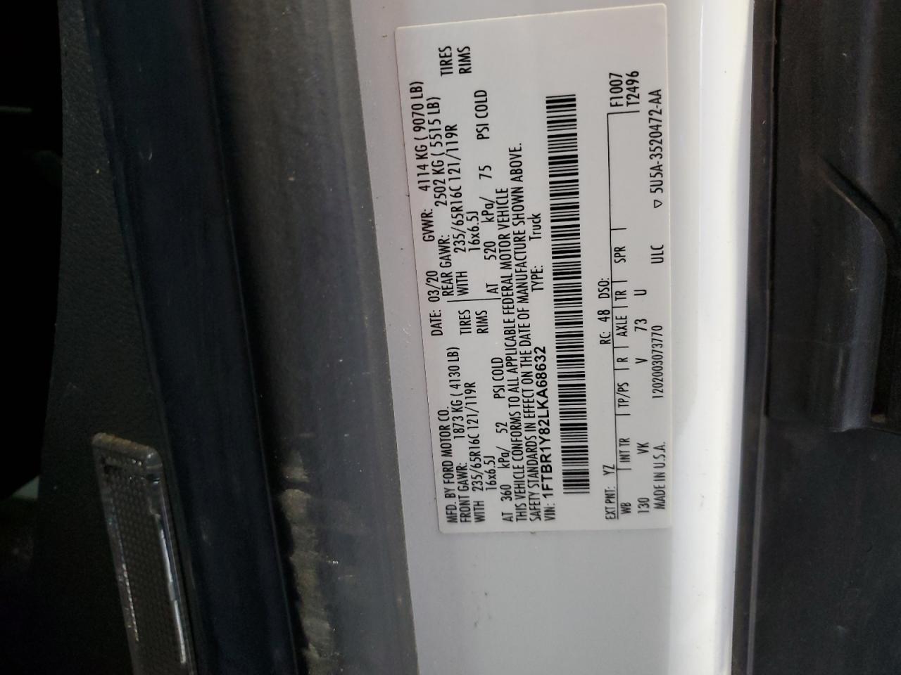 2020 Ford Transit T-250 VIN: 1FTBR1Y82LKA68632 Lot: 81179415