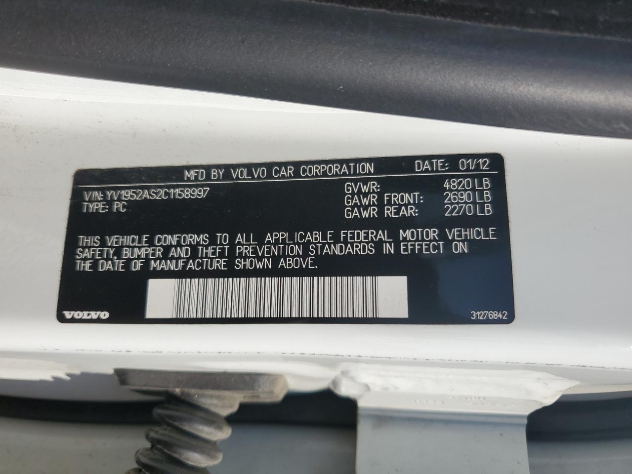 2012 Volvo S80 3.2 VIN: YV1952AS2C1158997 Lot: 81420525