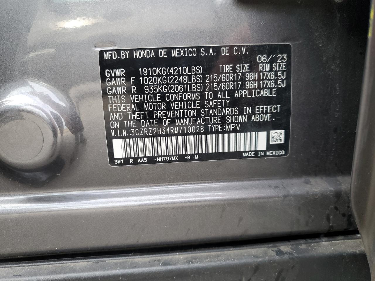 2024 Honda Hr-V Lx VIN: 3CZRZ2H34RM710028 Lot: 80190695