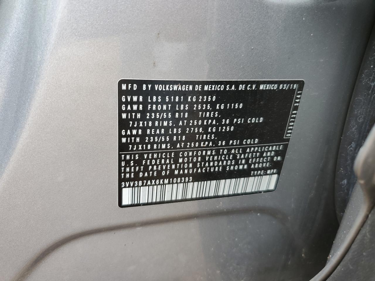 2019 Volkswagen Tiguan Se VIN: 3VV3B7AX6KM108393 Lot: 81648105