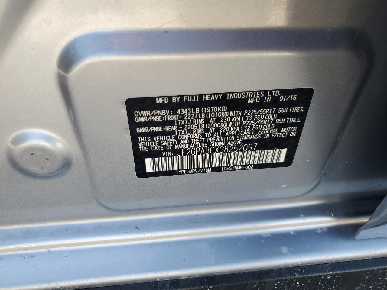 2016 Subaru Crosstrek Premium VIN: JF2GPABCXG8252097 Lot: 81777175