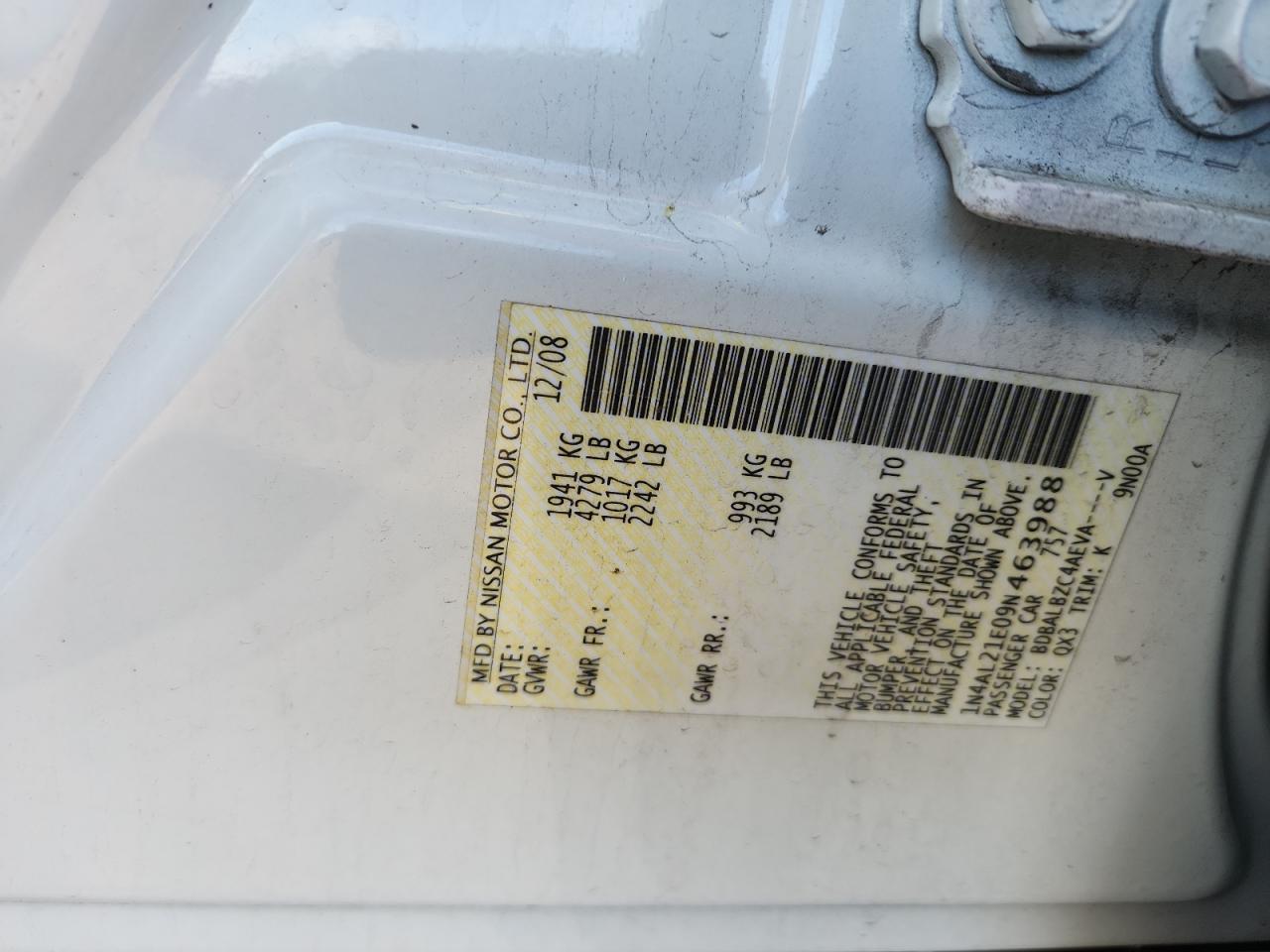 2009 Nissan Altima 2.5 VIN: 1N4AL21E09N463988 Lot: 84068765