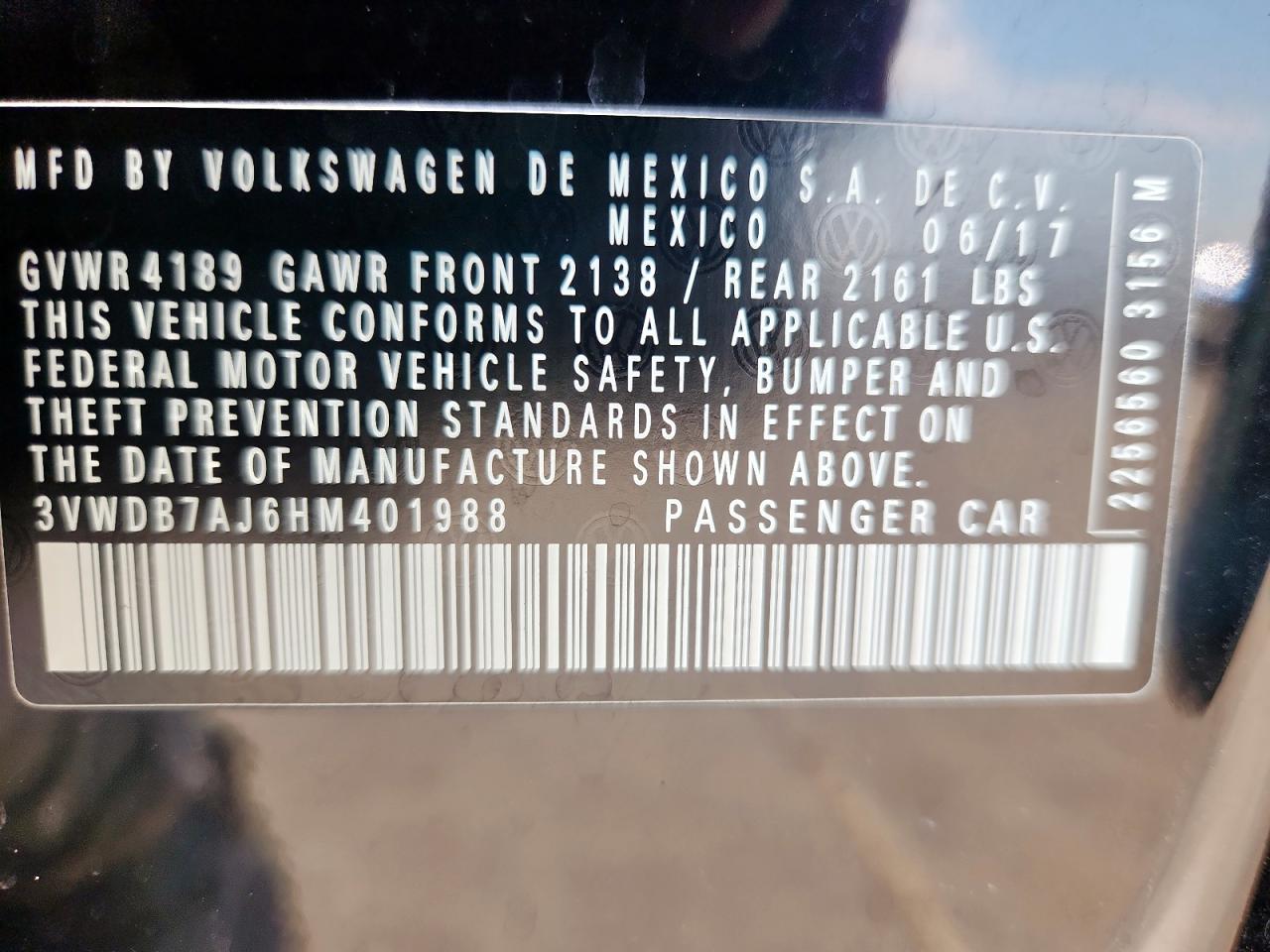 2017 Volkswagen Jetta Se VIN: 3VWDB7AJ6HM401988 Lot: 83788645