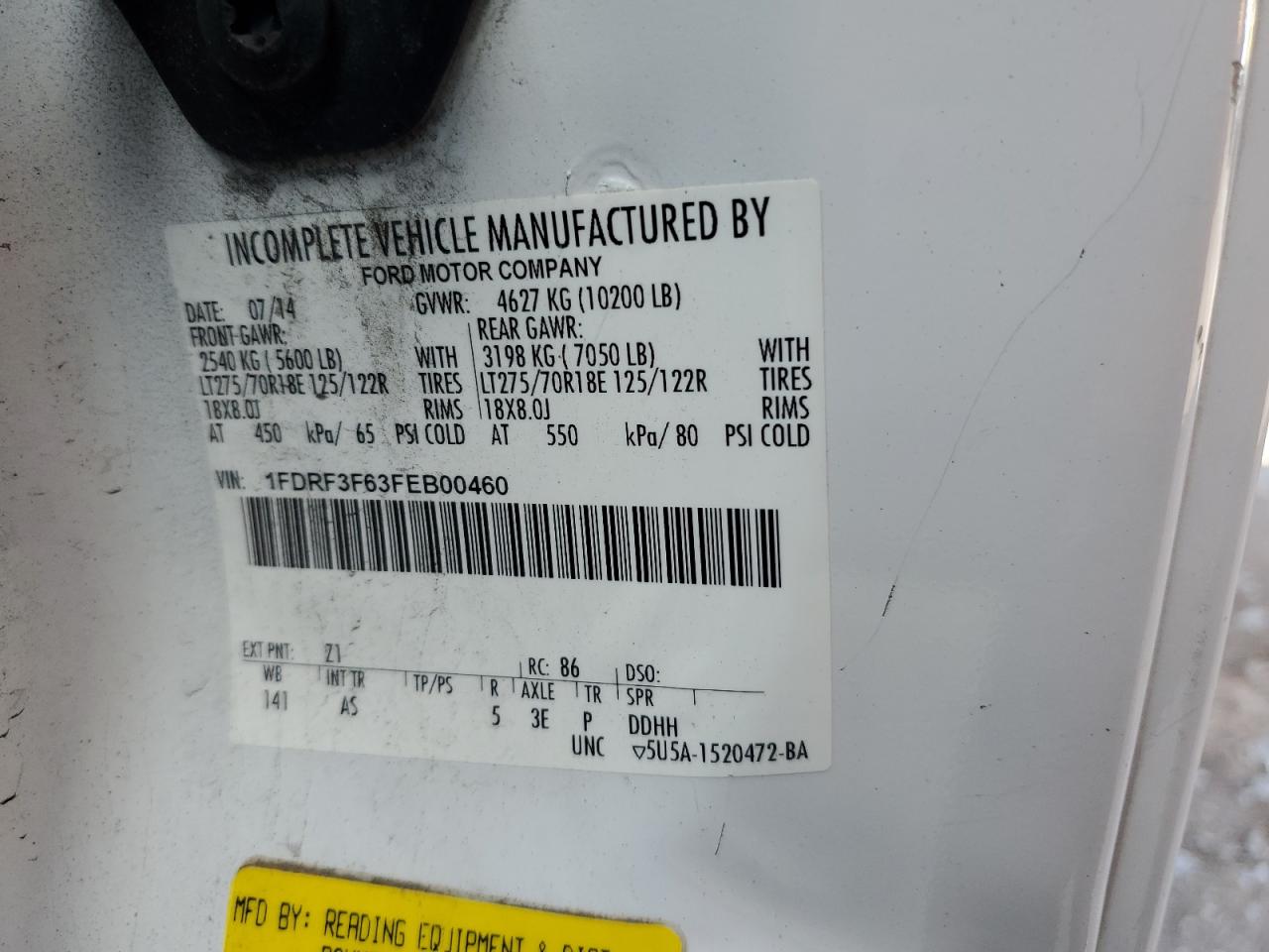 2015 Ford F350 Super Duty VIN: 1FDRF3F63FEB00460 Lot: 83923795