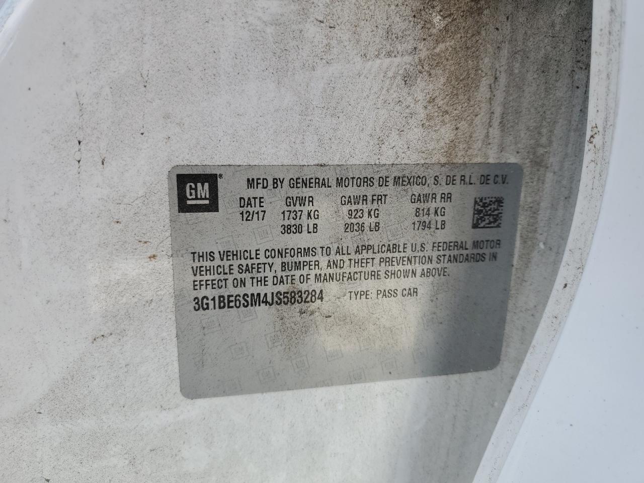 2018 Chevrolet Cruze Lt VIN: 3G1BE6SM4JS583284 Lot: 80812315