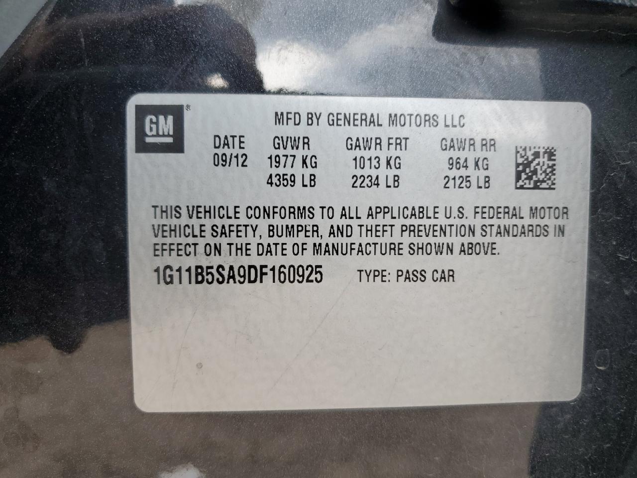 2013 Chevrolet Malibu Ls VIN: 1G11B5SA9DF160925 Lot: 81513145