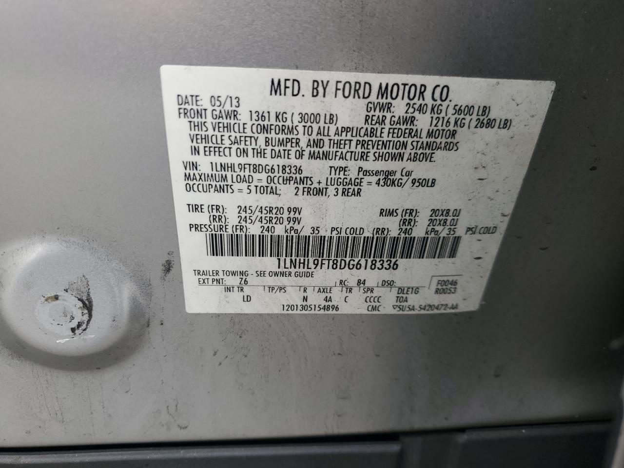 2013 Lincoln Mks VIN: 1LNHL9FT8DG618336 Lot: 81644005