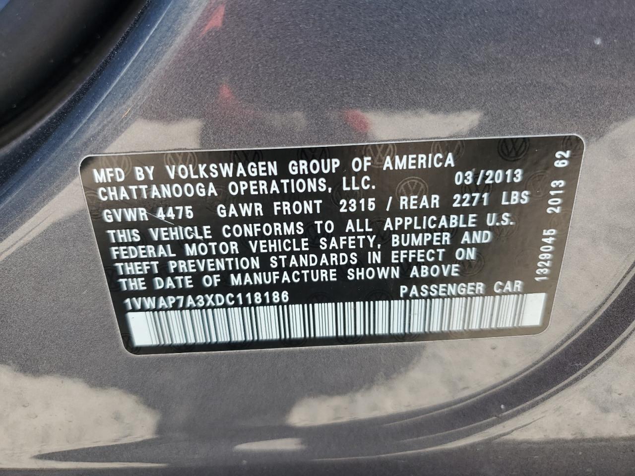 2013 Volkswagen Passat S VIN: 1VWAP7A3XDC118186 Lot: 80732955