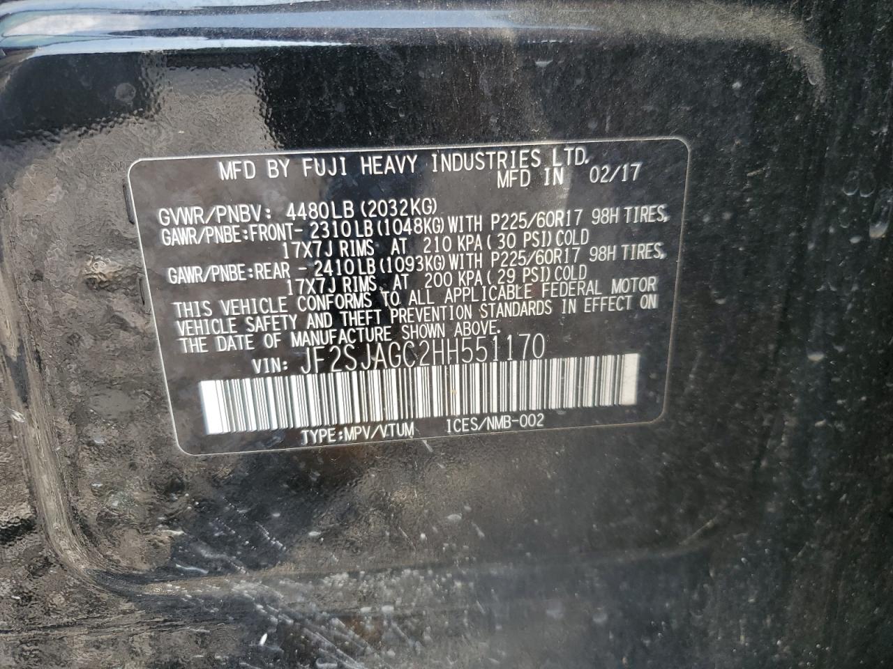 2017 Subaru Forester 2.5I Premium VIN: JF2SJAGC2HH551170 Lot: 70374815