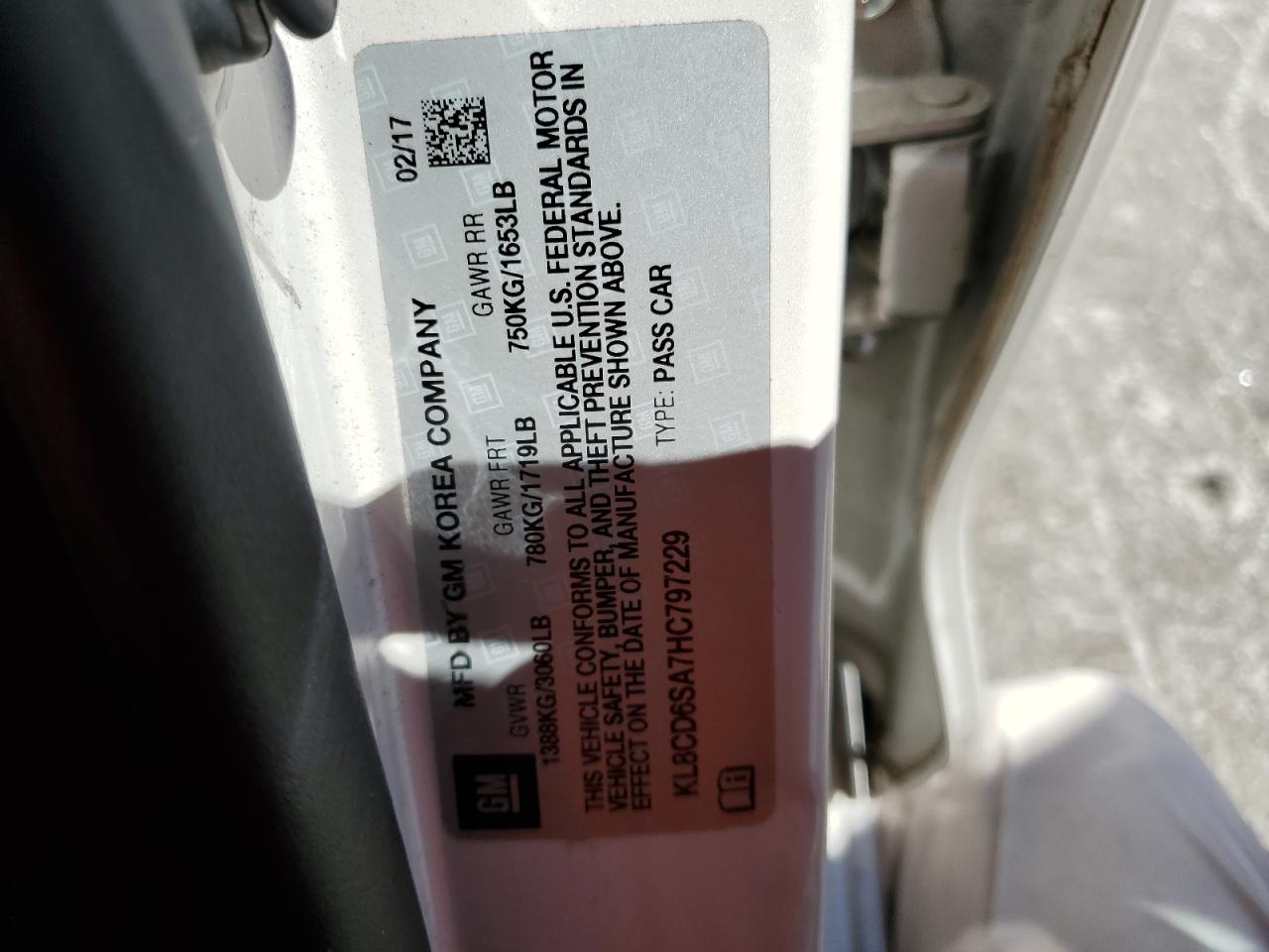 2017 Chevrolet Spark 1Lt VIN: KL8CD6SA7HC797229 Lot: 83960095