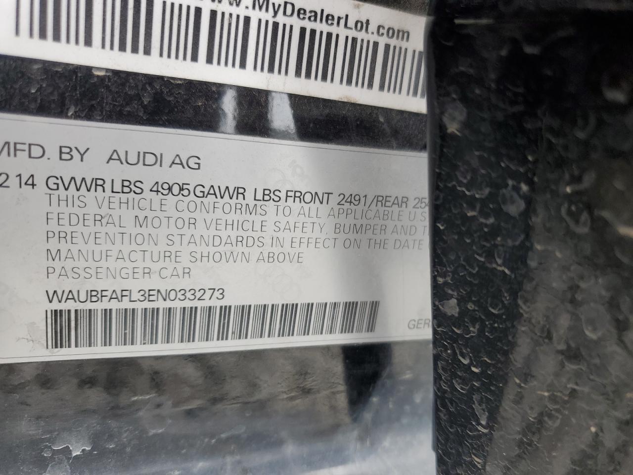 2014 Audi A4 Premium VIN: WAUBFAFL3EN033273 Lot: 81454735