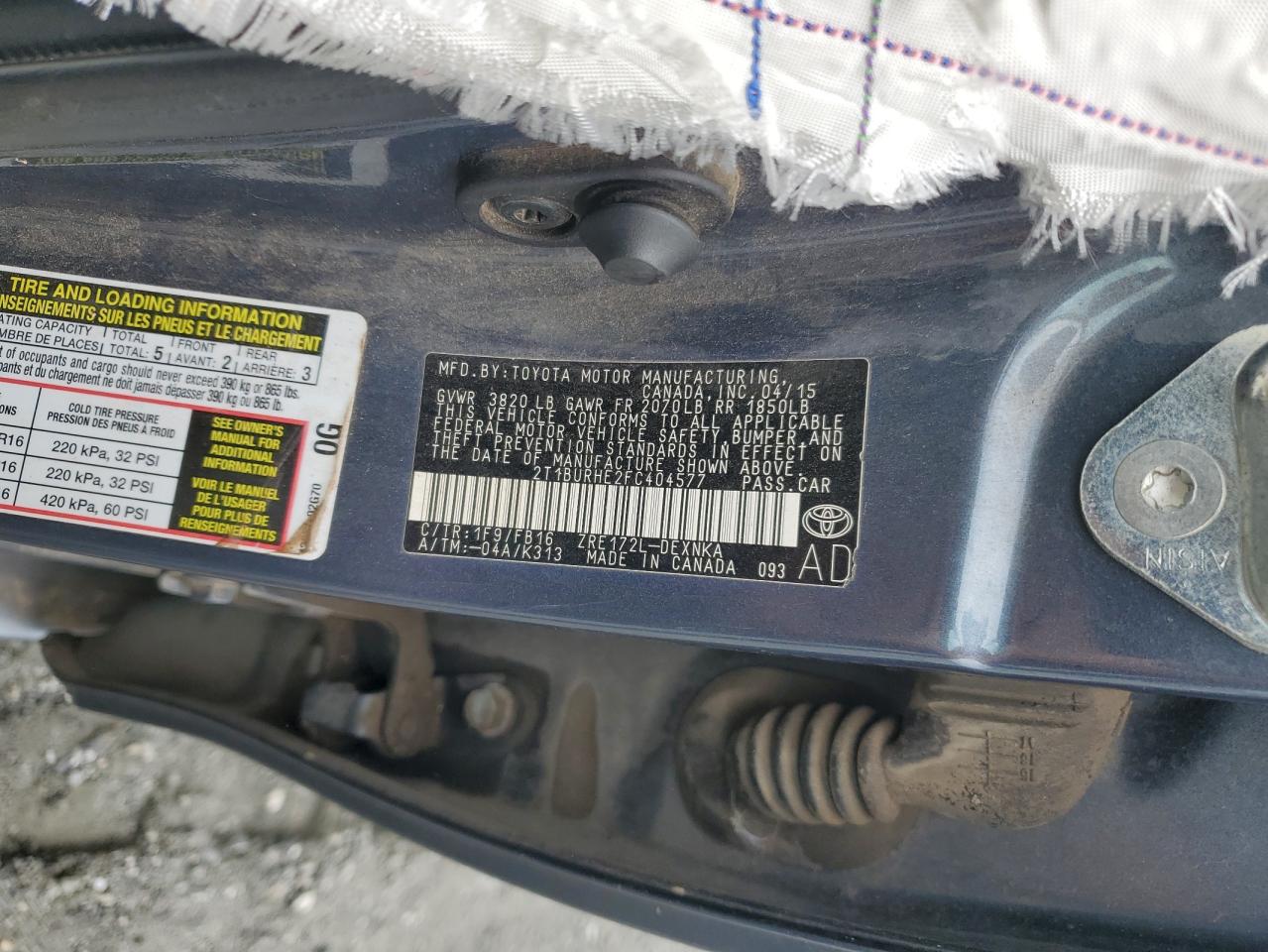 2015 Toyota Corolla L VIN: 2T1BURHE2FC404577 Lot: 84016165