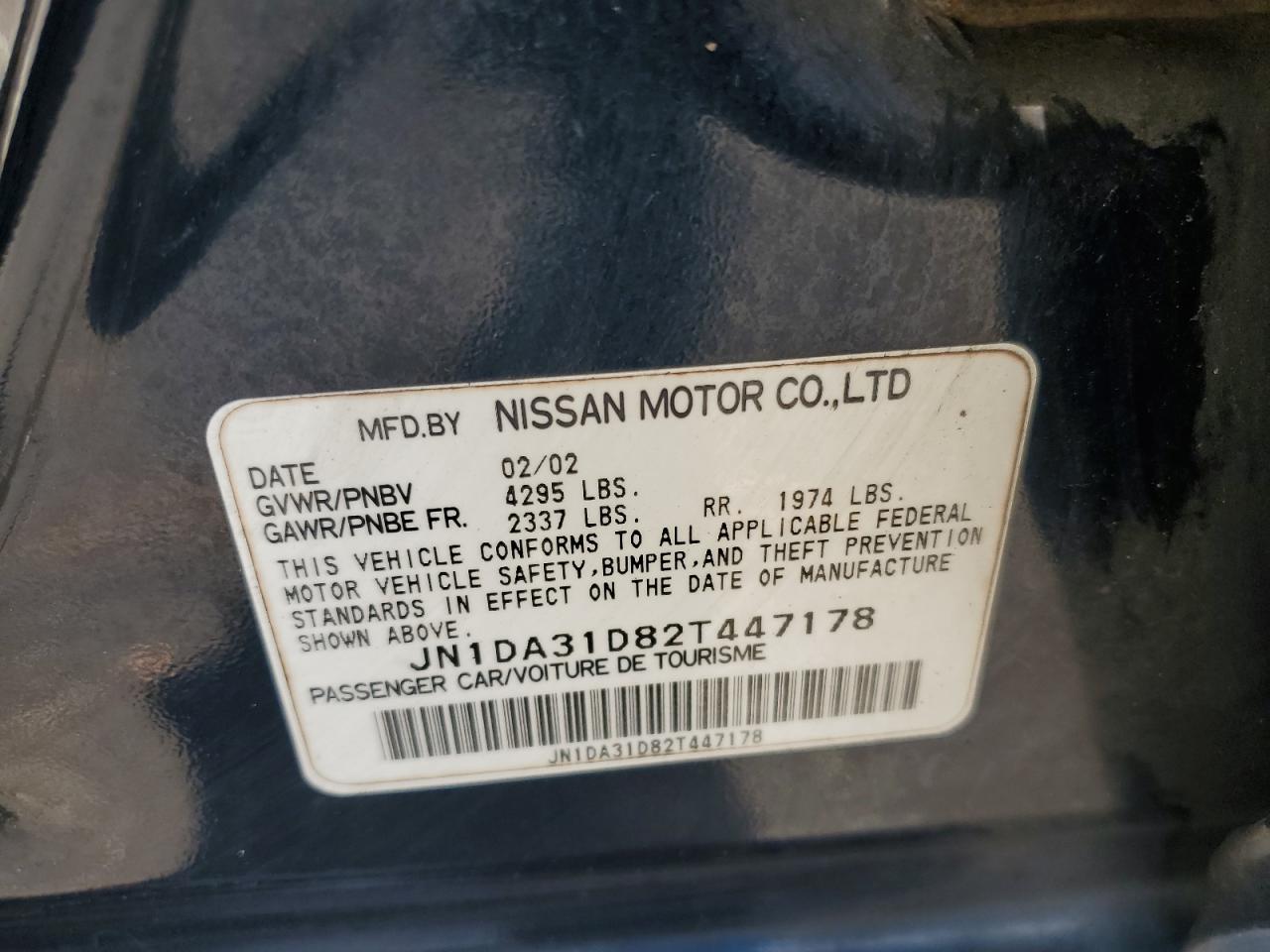 2002 Nissan Maxima Gle VIN: JN1DA31D82T447178 Lot: 84611925