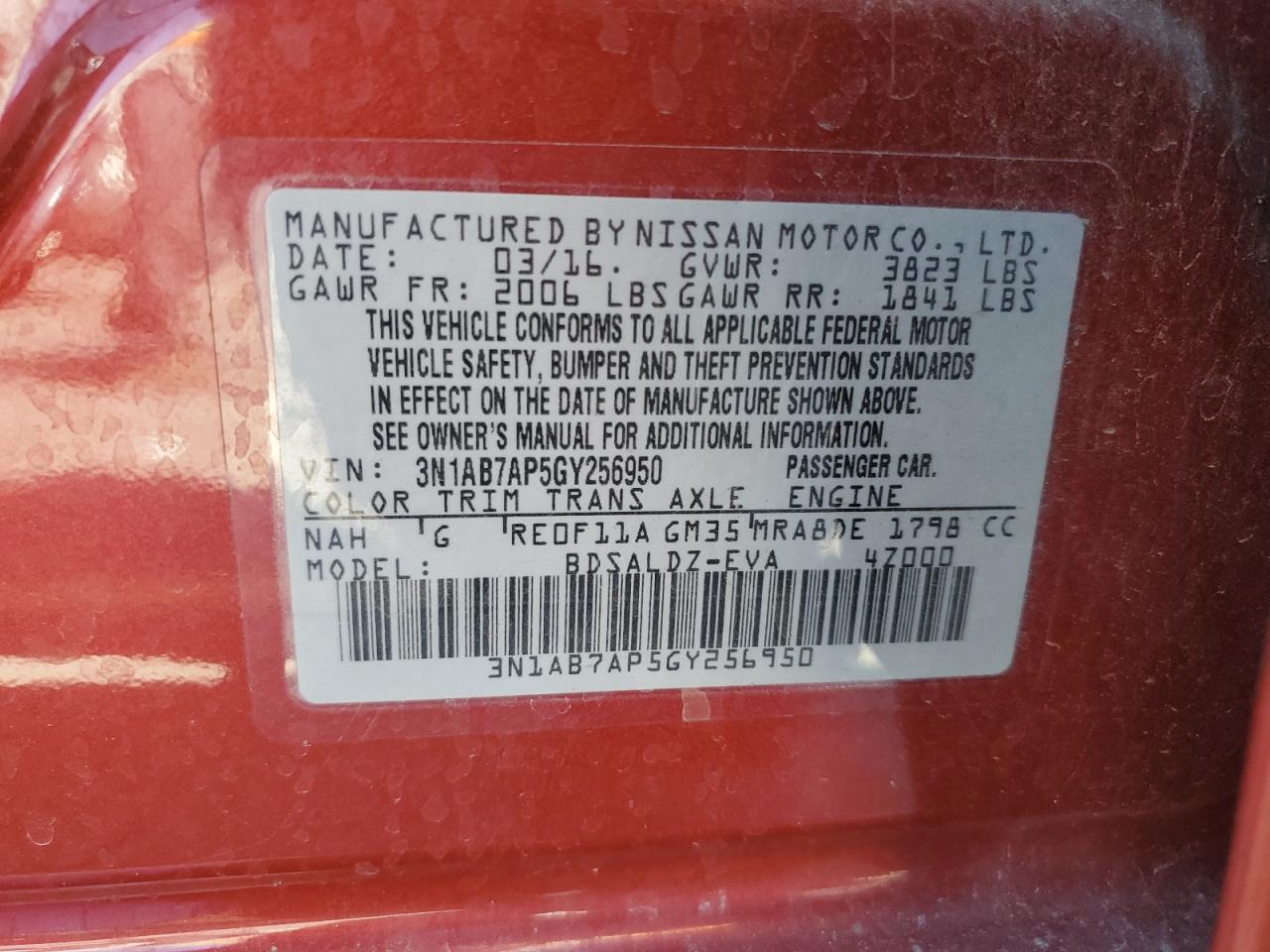 2016 Nissan Sentra S VIN: 3N1AB7AP5GY256950 Lot: 71486855