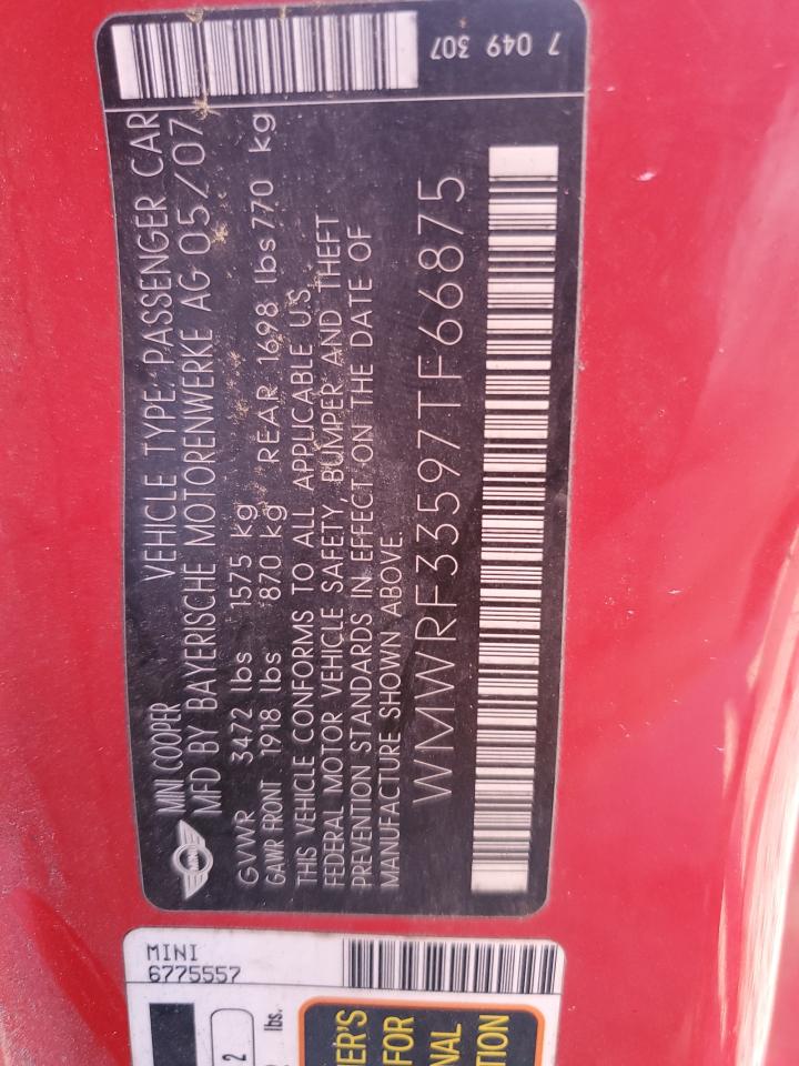 2007 Mini Cooper VIN: WMWRF33597TF66875 Lot: 80379925