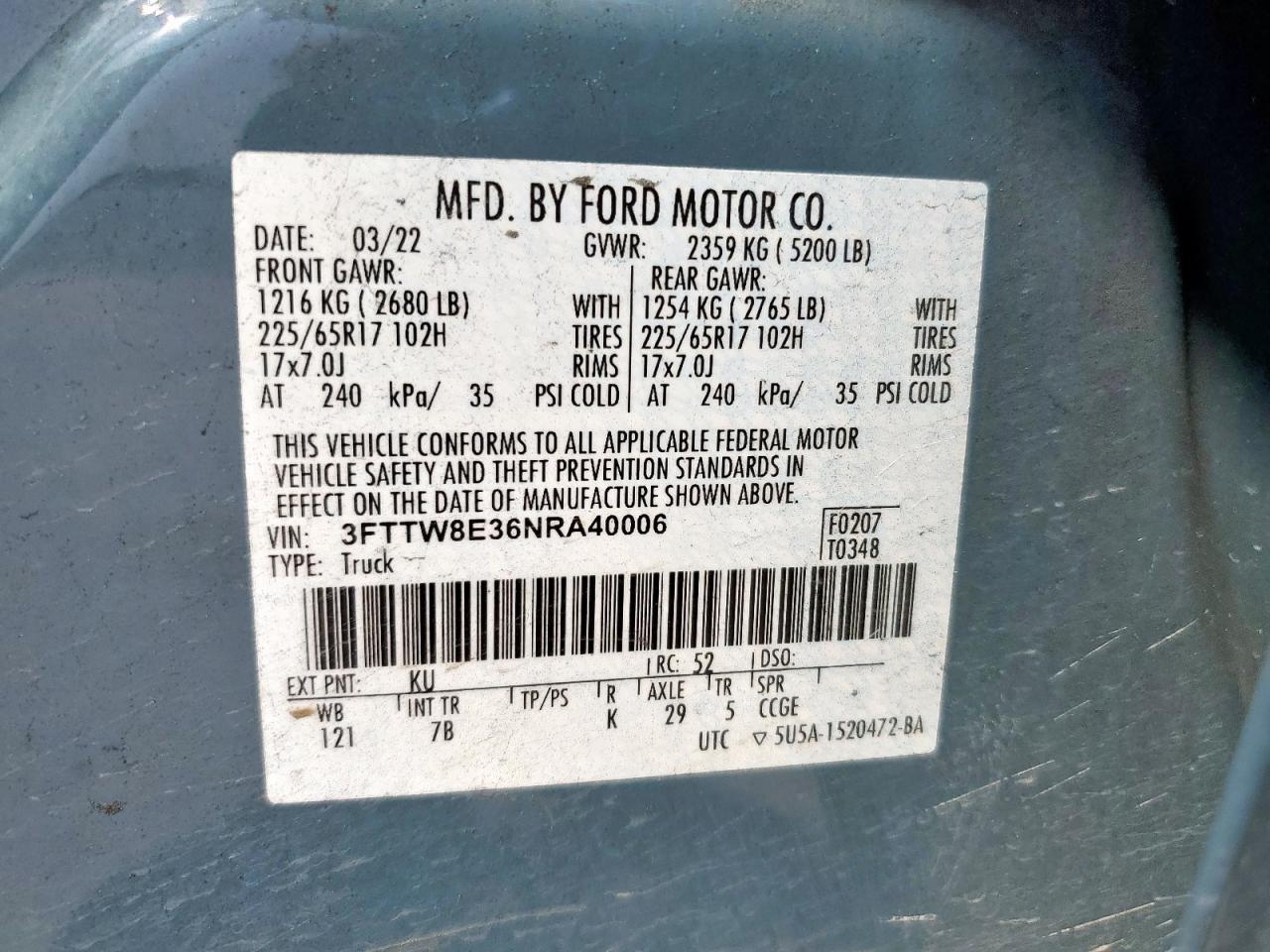 2022 Ford Maverick Xl VIN: 3FTTW8E36NRA40006 Lot: 80037305