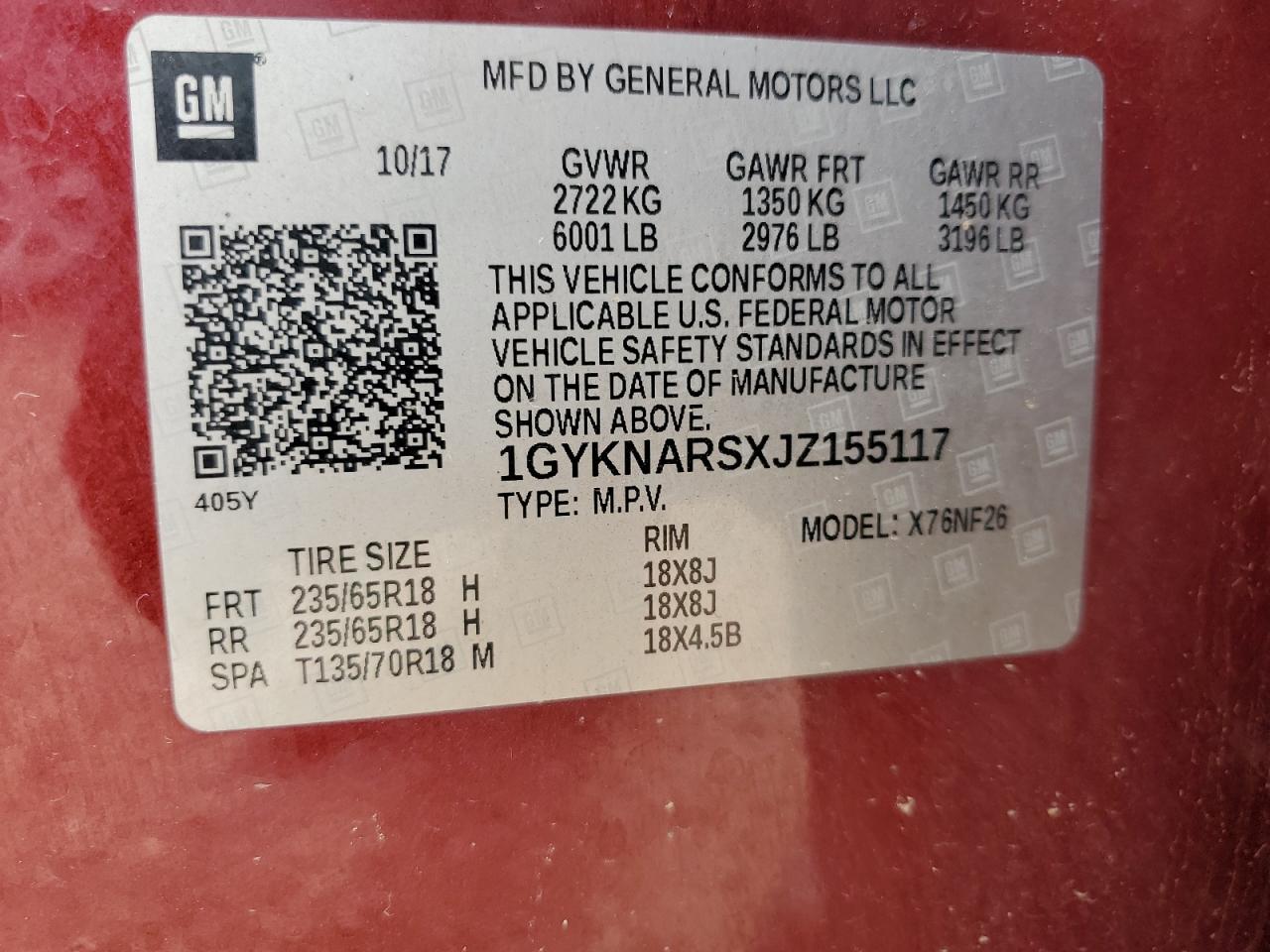 2018 Cadillac Xt5 VIN: 1GYKNARSXJZ155117 Lot: 81488225