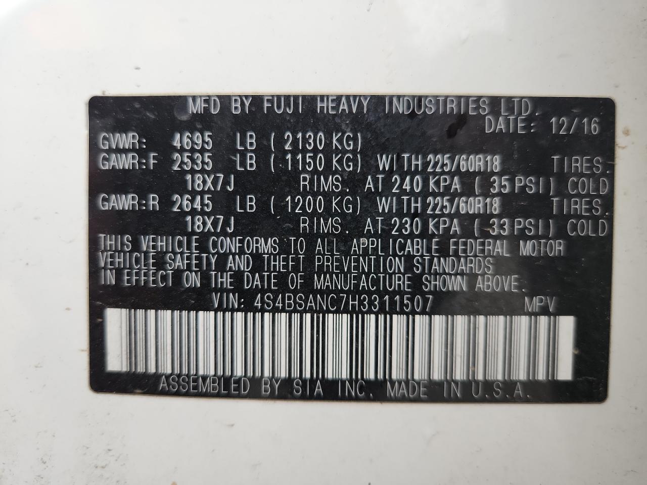 2017 Subaru Outback 2.5I Limited VIN: 4S4BSANC7H3311507 Lot: 71852735