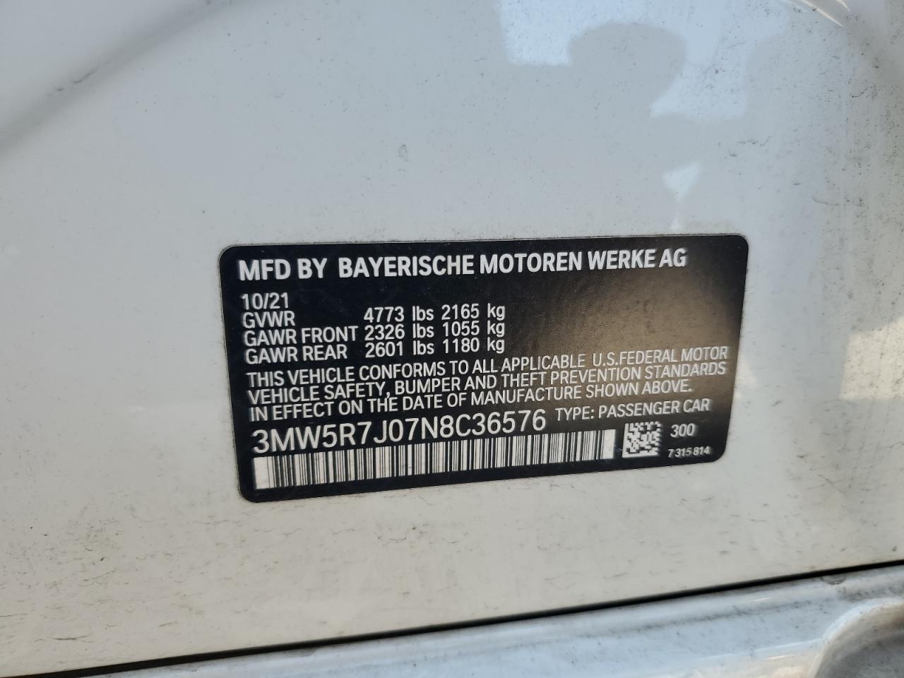 2022 BMW 330Xi VIN: 3MW5R7J07N8C36576 Lot: 81846515
