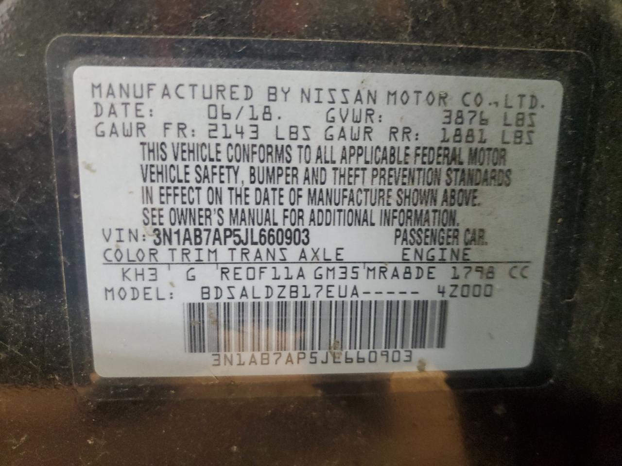 2018 Nissan Sentra S VIN: 3N1AB7AP5JL660903 Lot: 80274835