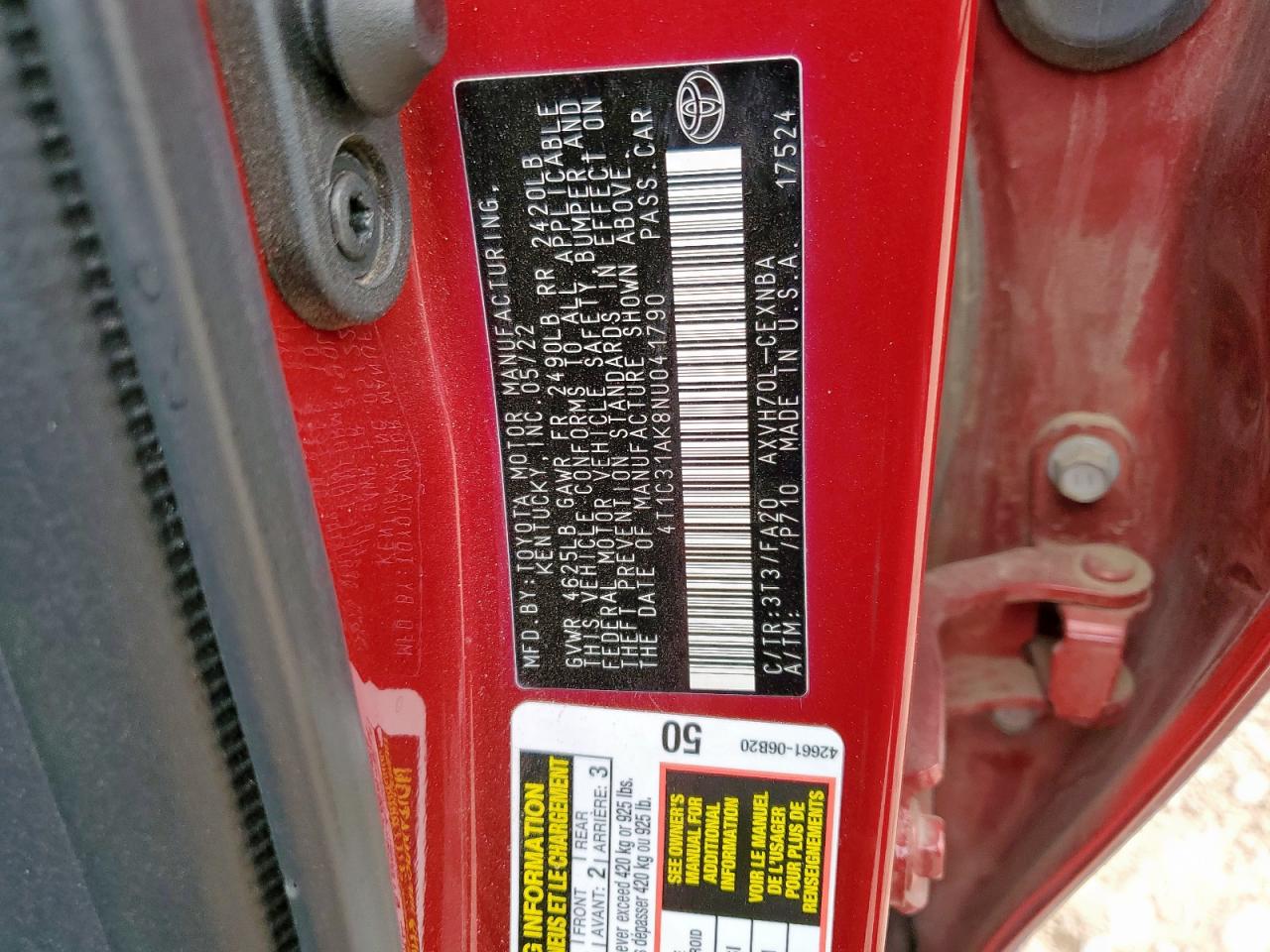 2022 Toyota Camry Le VIN: 4T1C31AK8NU041790 Lot: 81333155