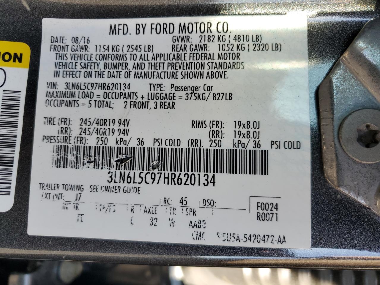 2017 Lincoln Mkz Select VIN: 3LN6L5C97HR620134 Lot: 83846275