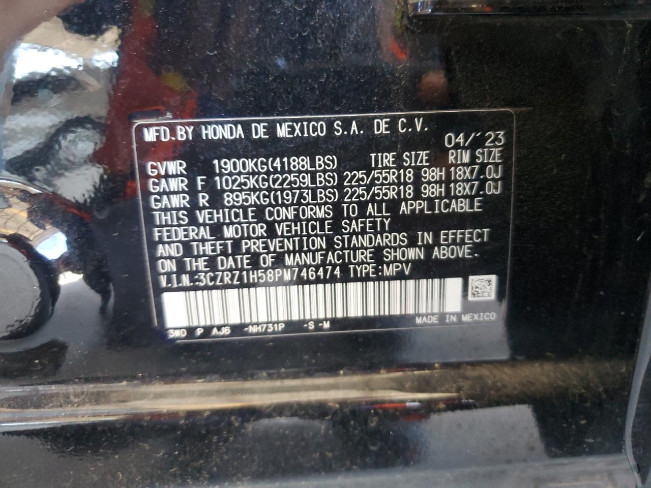 2023 Honda Hr-V Sport VIN: 3CZRZ1H58PM746474 Lot: 71399125