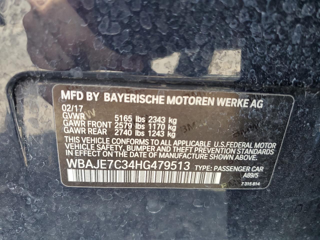 2017 BMW 540 Xi VIN: WBAJE7C34HG479513 Lot: 71991595
