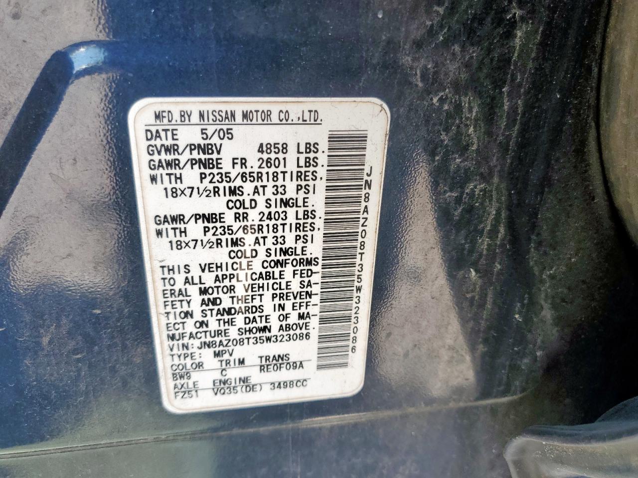 2005 Nissan Murano Sl VIN: JN8AZ08T35W323086 Lot: 80404405