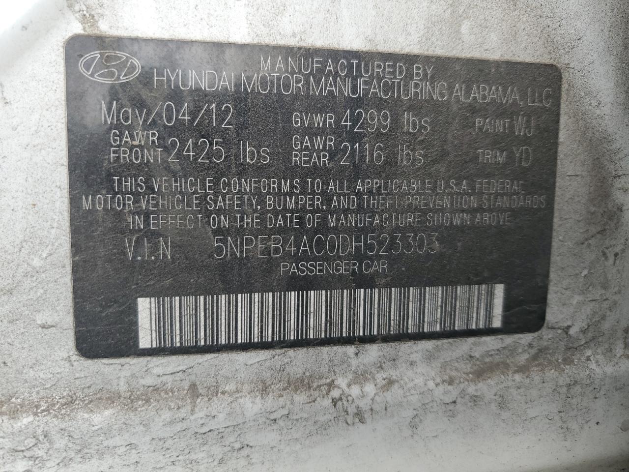 2013 Hyundai Sonata Gls VIN: 5NPEB4AC0DH523303 Lot: 84296975