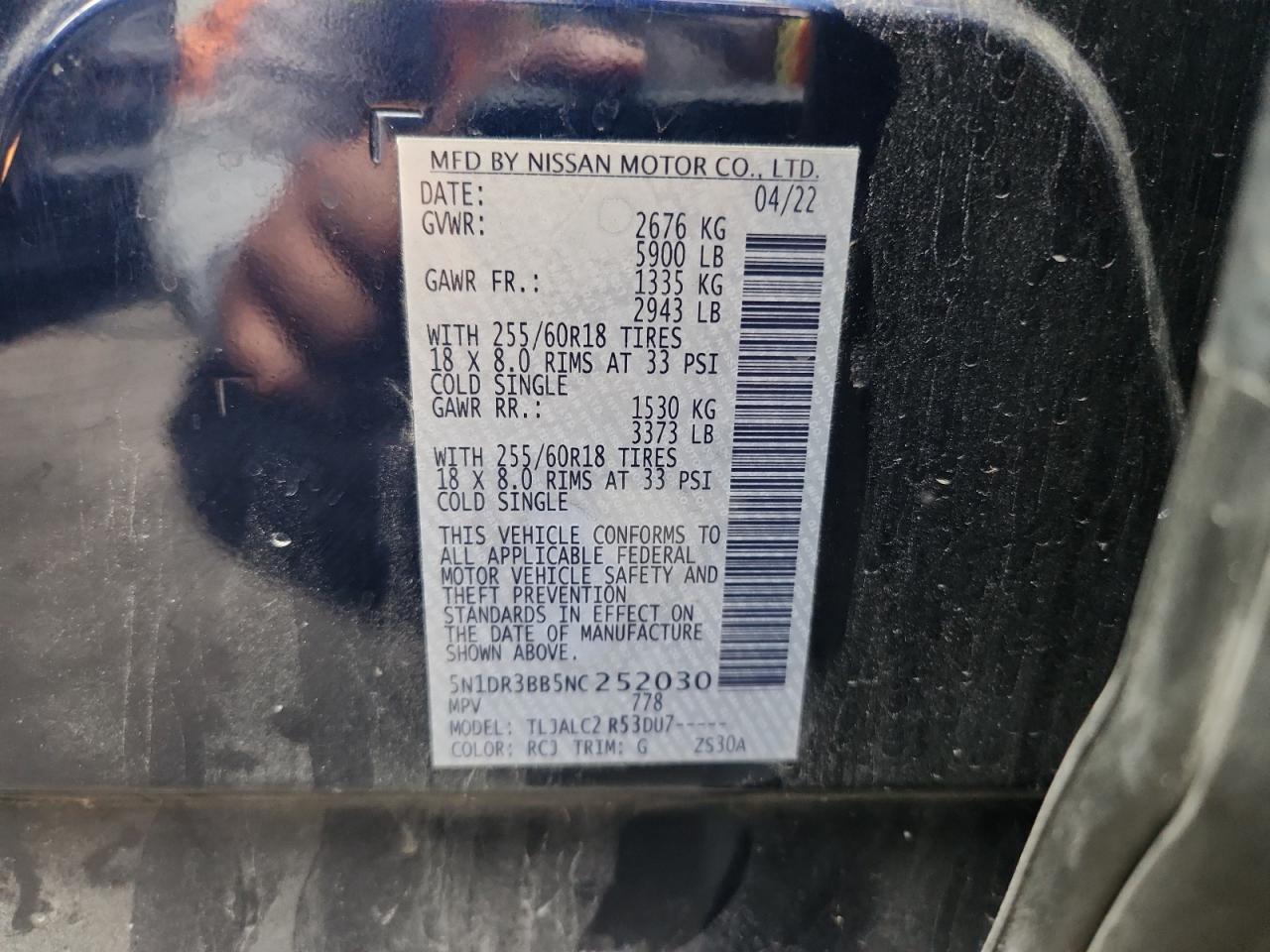 2022 Nissan Pathfinder Sv VIN: 5N1DR3BB5NC252030 Lot: 81257865