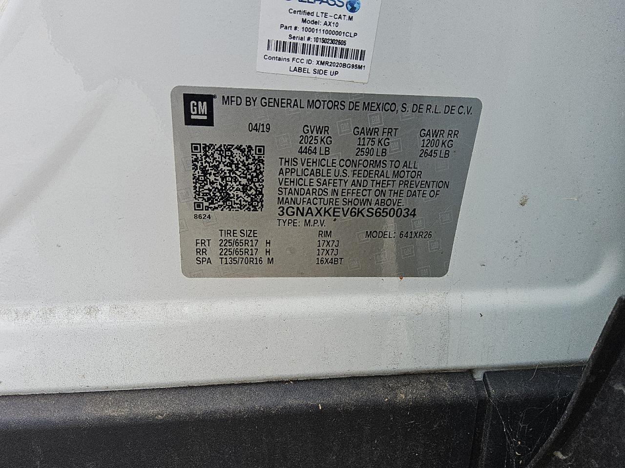 2019 Chevrolet Equinox Lt VIN: 3GNAXKEV6KS650034 Lot: 81501265