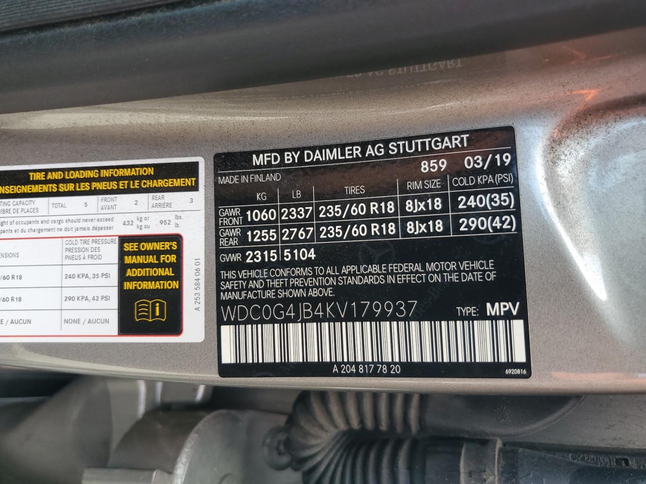 2019 Mercedes-Benz Glc 300 VIN: WDC0G4JB4KV179937 Lot: 83841695