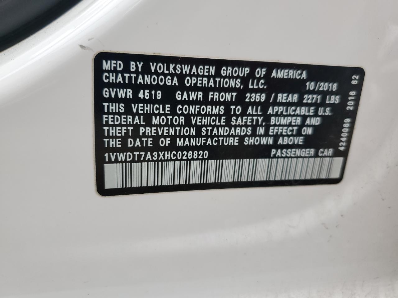 2017 Volkswagen Passat R-Line VIN: 1VWDT7A3XHC026820 Lot: 71434695