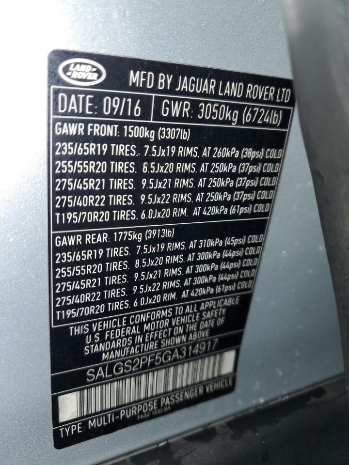 2016 Land Rover Range Rover Hse VIN: SALGS2PF5GA314917 Lot: 71275075