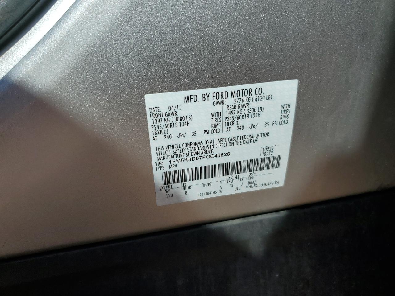 2015 Ford Explorer Xlt VIN: 1FM5K8D87FGC46828 Lot: 80632295