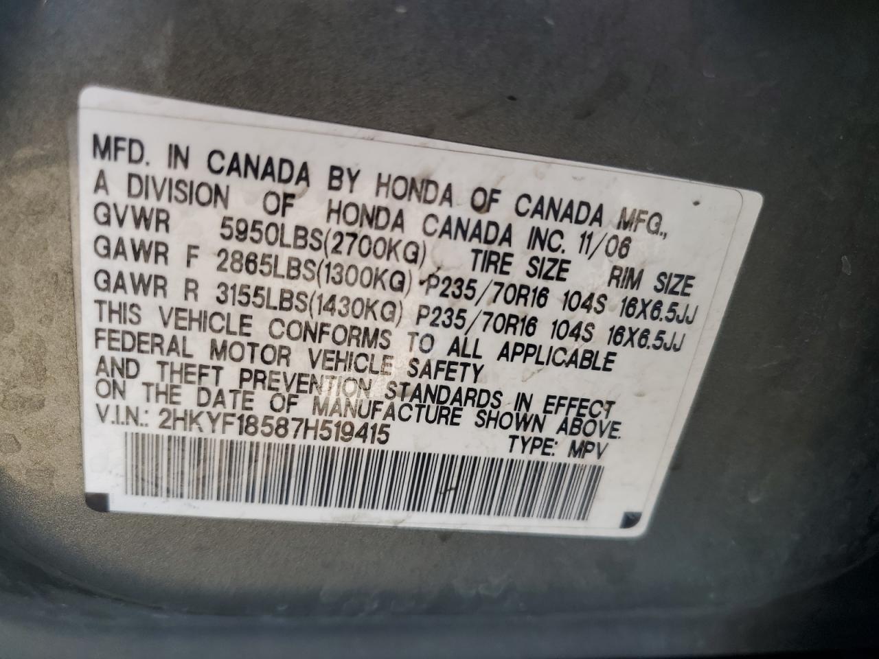 2007 Honda Pilot Exl VIN: 2HKYF18587H519415 Lot: 84221695