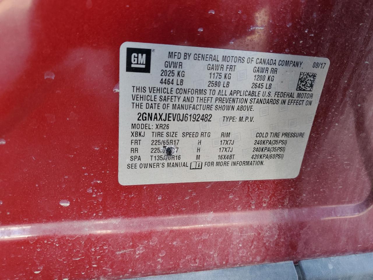 2018 Chevrolet Equinox Lt VIN: 2GNAXJEV0J6192482 Lot: 72004975